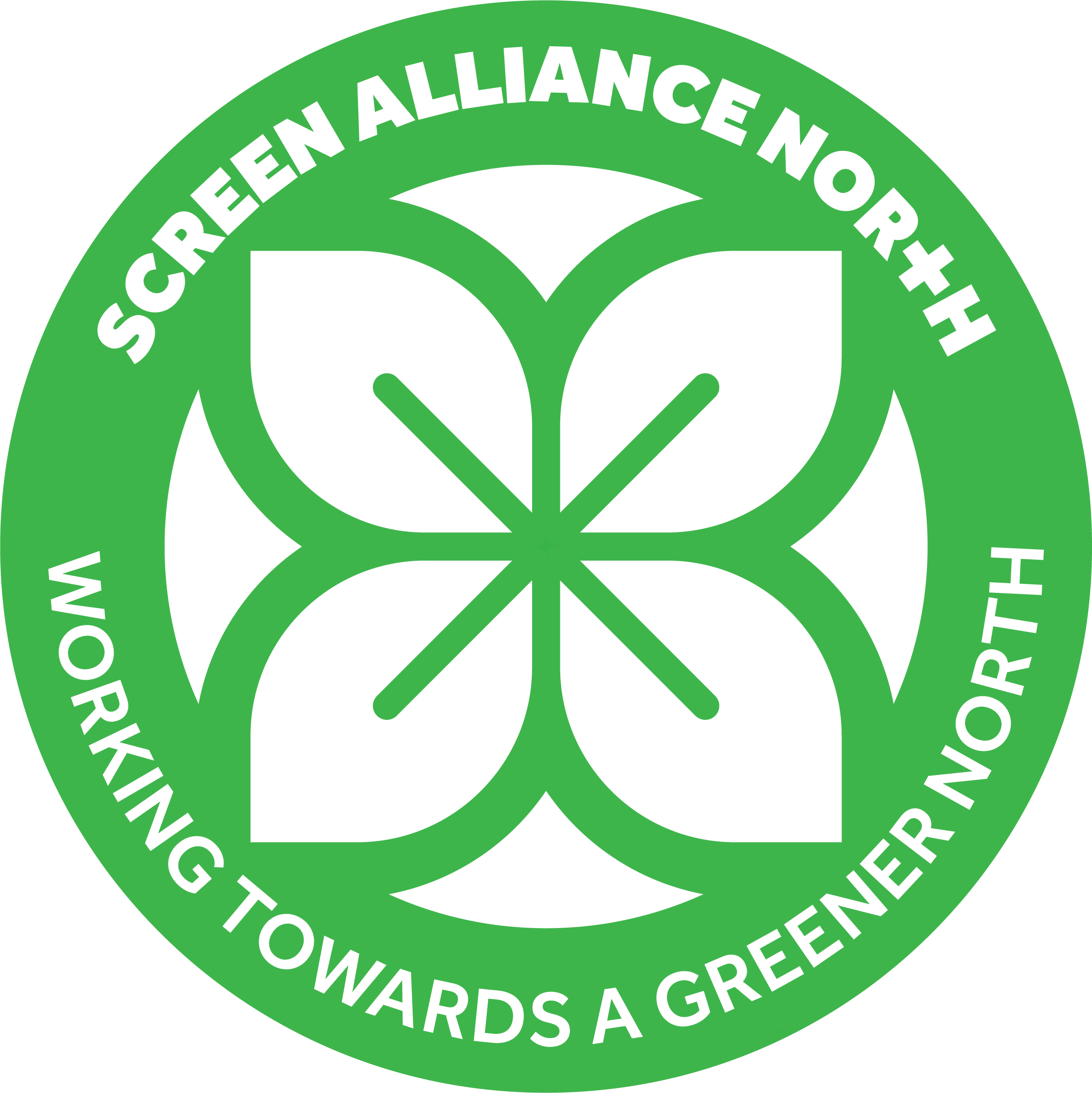 Green circle with green flower in the centre. Text reads Screen Alliance North Working Towards a Greener North